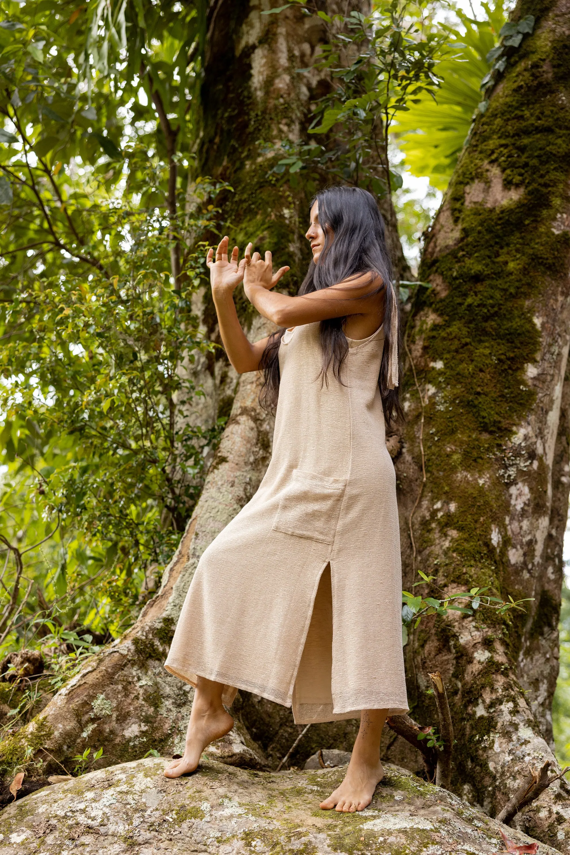 SAANUK Beige Maxi Cotton Dress Pockets Boho Peasant Bridesmaid Gypsy Earthy Bohemian Festival Ceremony Ritual Shamanic Sacred Simple AJJAYA