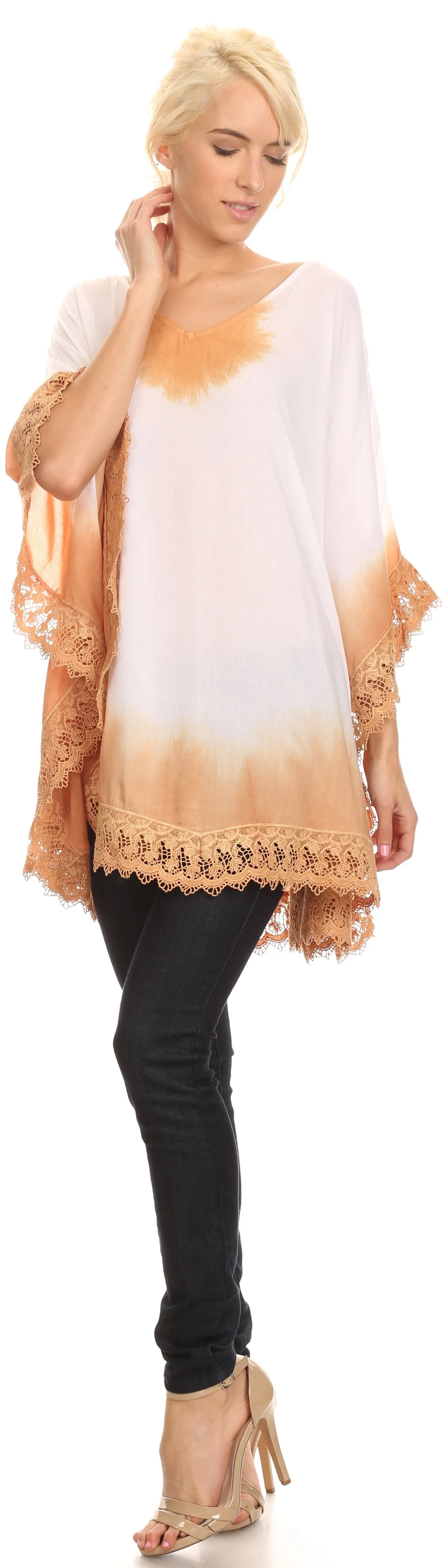 Sakkas Jix Long Embroidery Crochet Lace Tie Dye V Neck Poncho Blouse Shirt Top