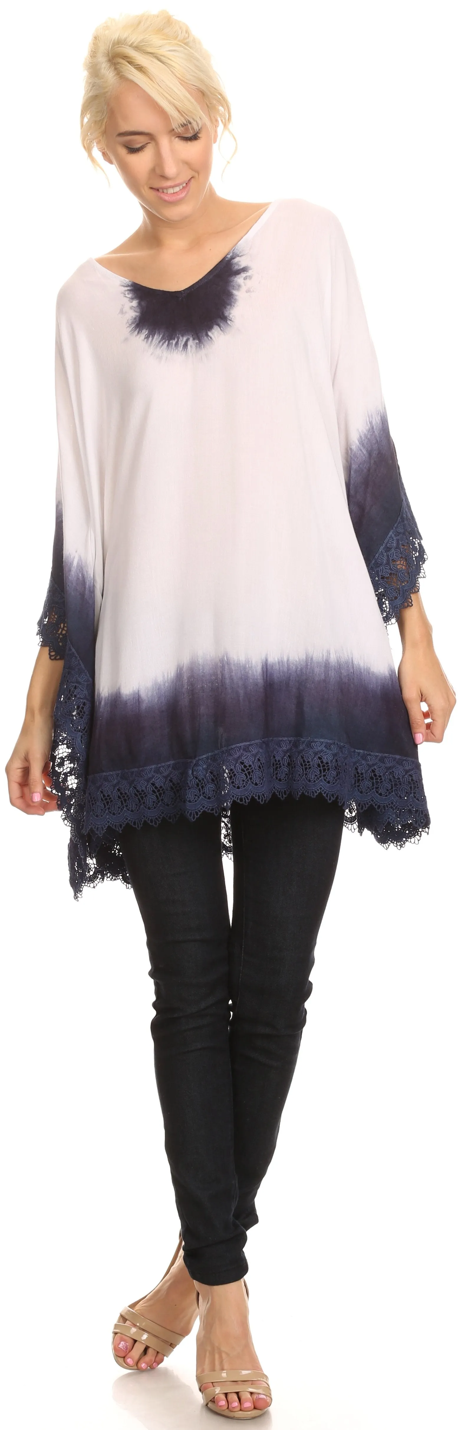 Sakkas Jix Long Embroidery Crochet Lace Tie Dye V Neck Poncho Blouse Shirt Top