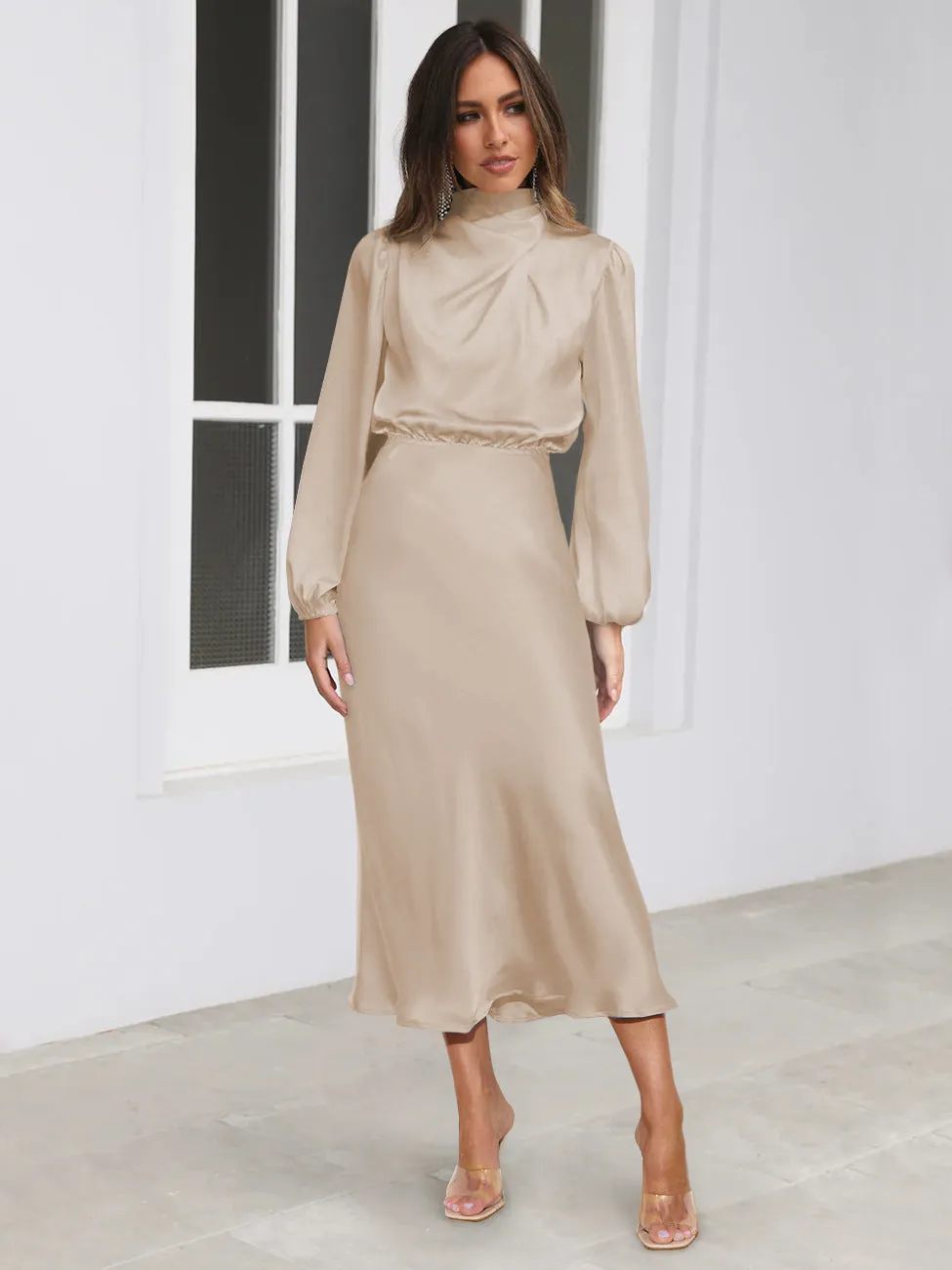 Satin Long Sleeve Loose Elegant Evening Gown Attire Maxi Dress