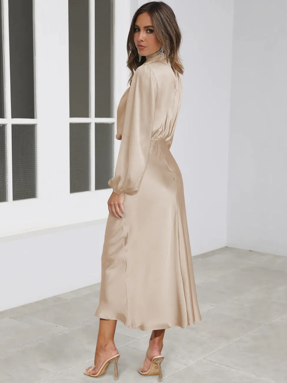 Satin Long Sleeve Loose Elegant Evening Gown Attire Maxi Dress