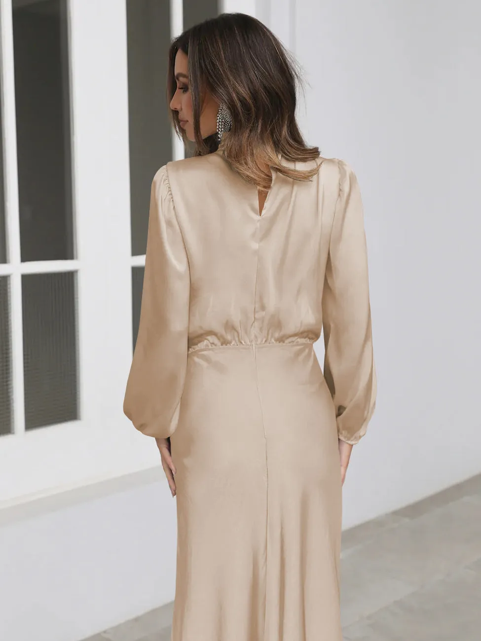 Satin Long Sleeve Loose Elegant Evening Gown Attire Maxi Dress