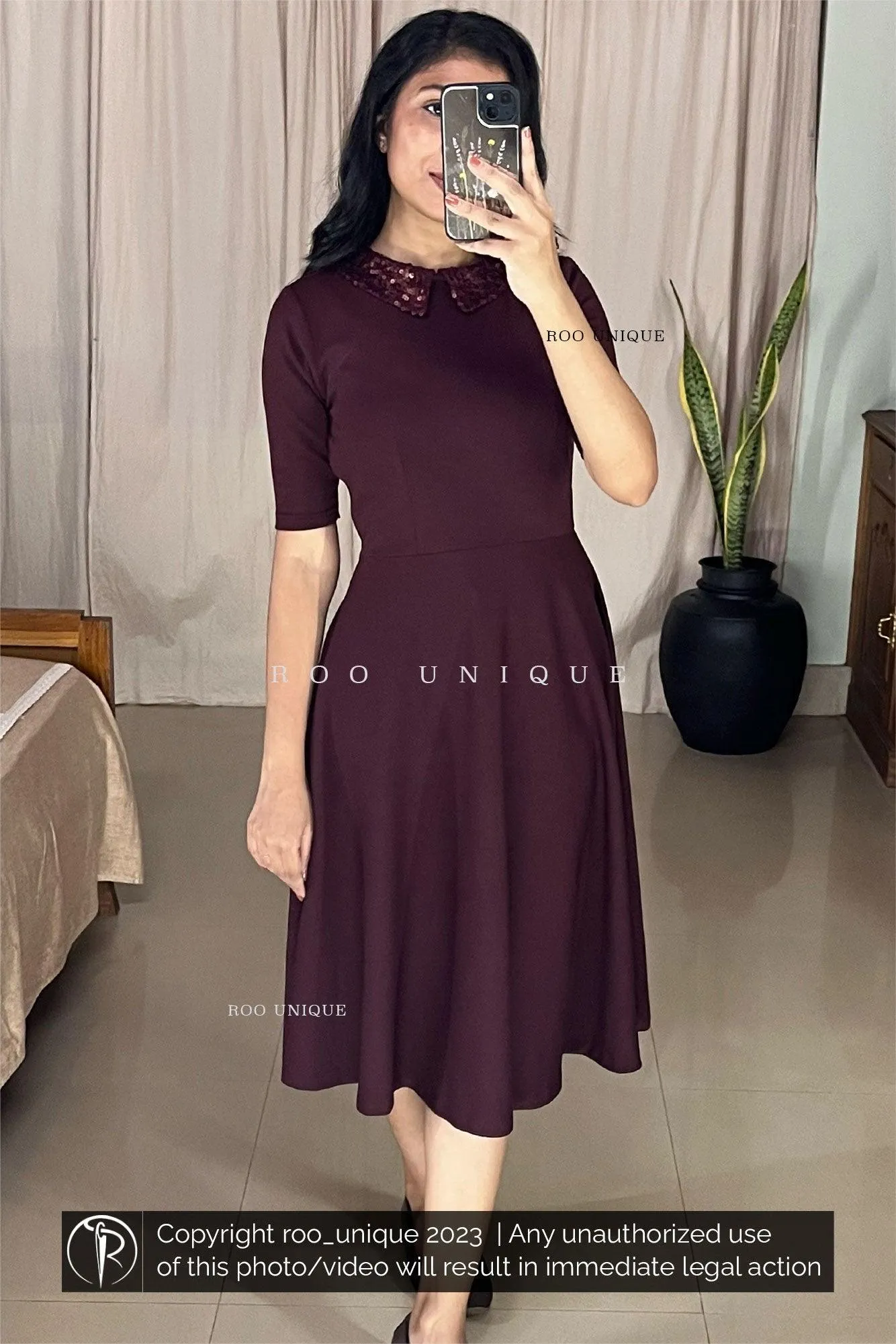 Sequence Collared Round Neck Wine Red Dress