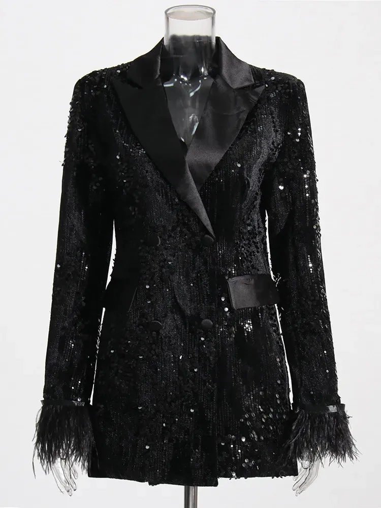 Sequins Black Blazer For Women Notched Collar Long Sleeve Patchwork Feathers Cuff Solid Blazers Female Clothing