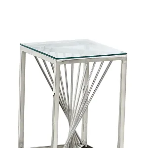 Shiny Chrome Glass Top Accent Table with Unique Twisting Pillar