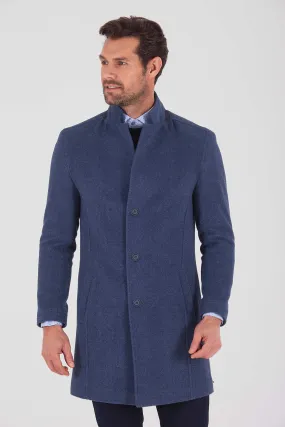 Slim Fit Cachet Notch Lapel Light Navy Wool Blend Overcoat