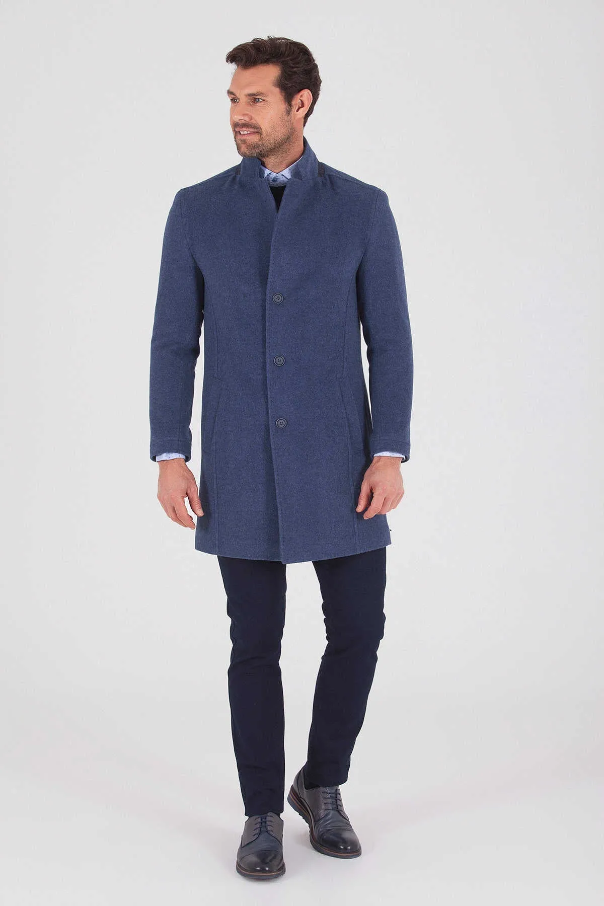 Slim Fit Cachet Notch Lapel Light Navy Wool Blend Overcoat