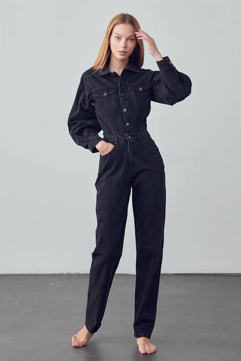 Soda Balloon Sleeve Denim Jumpsuit Black Denim