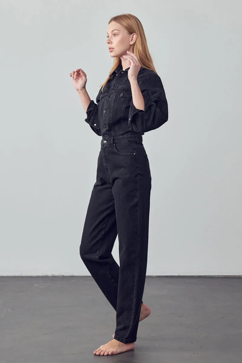 Soda Balloon Sleeve Denim Jumpsuit Black Denim