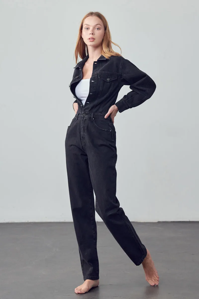 Soda Balloon Sleeve Denim Jumpsuit Black Denim