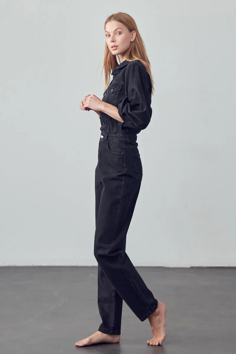 Soda Balloon Sleeve Denim Jumpsuit Black Denim