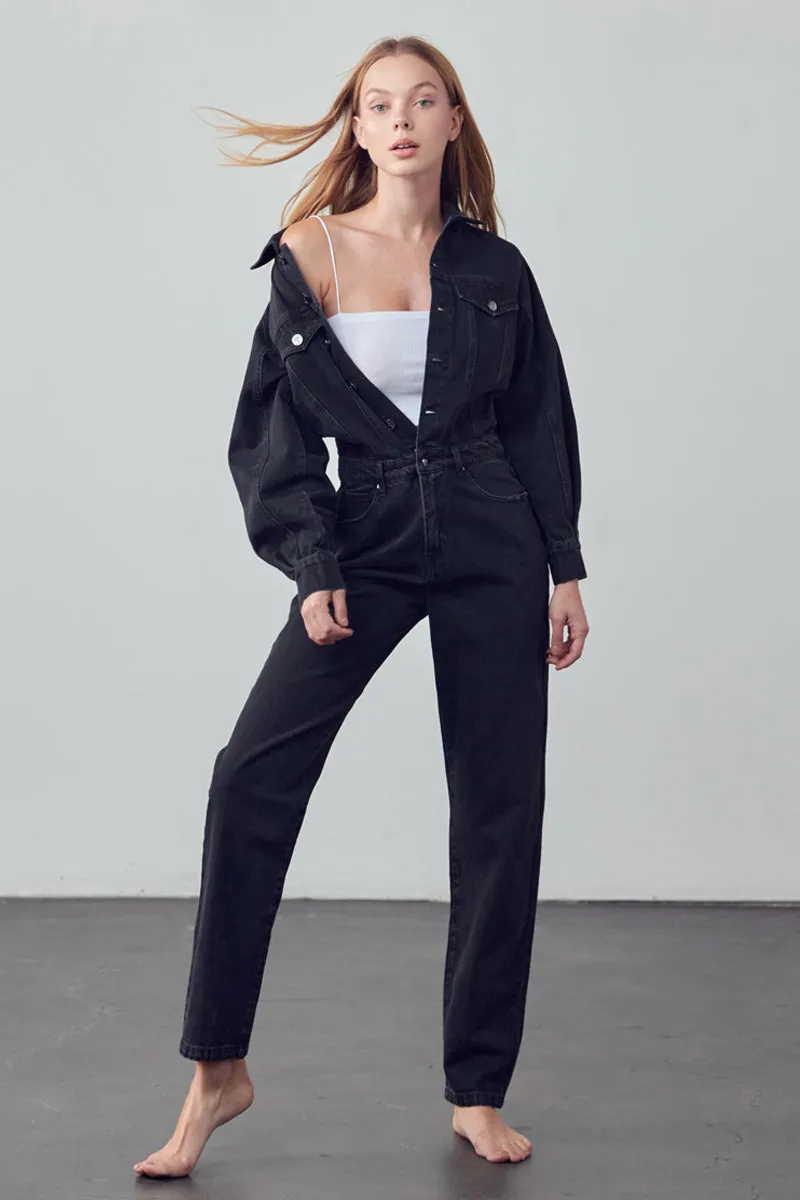 Soda Balloon Sleeve Denim Jumpsuit Black Denim