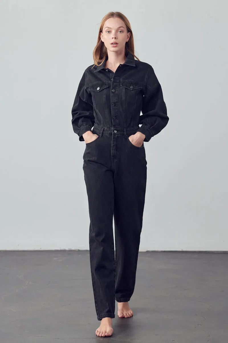 Soda Balloon Sleeve Denim Jumpsuit Black Denim