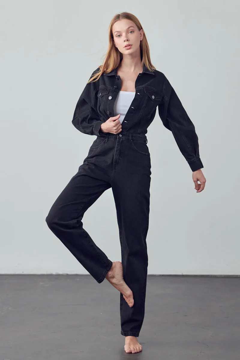 Soda Balloon Sleeve Denim Jumpsuit Black Denim