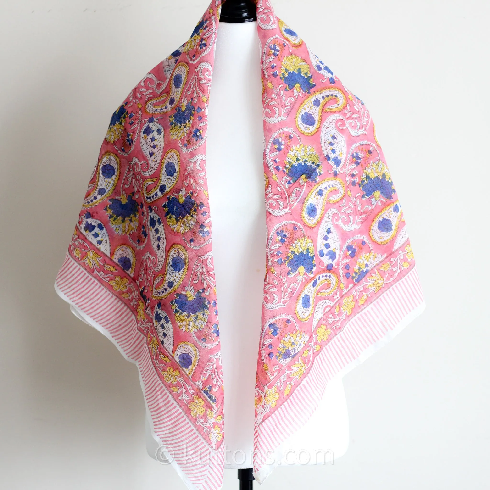 Soft Mul Cotton Bandana Scarf - Sanganeri Hand-Block Printed | Pink, 45x44"