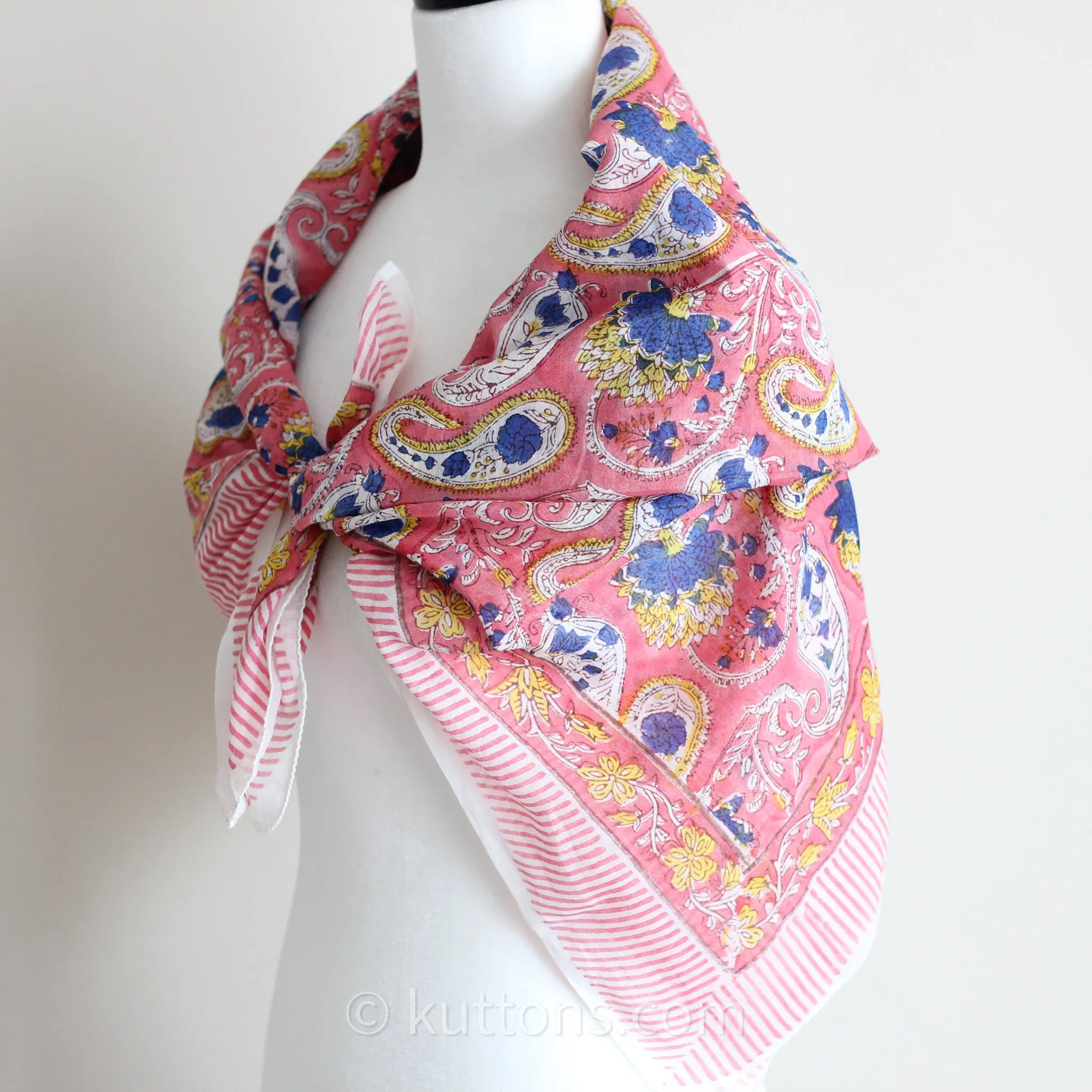 Soft Mul Cotton Bandana Scarf - Sanganeri Hand-Block Printed | Pink, 45x44"