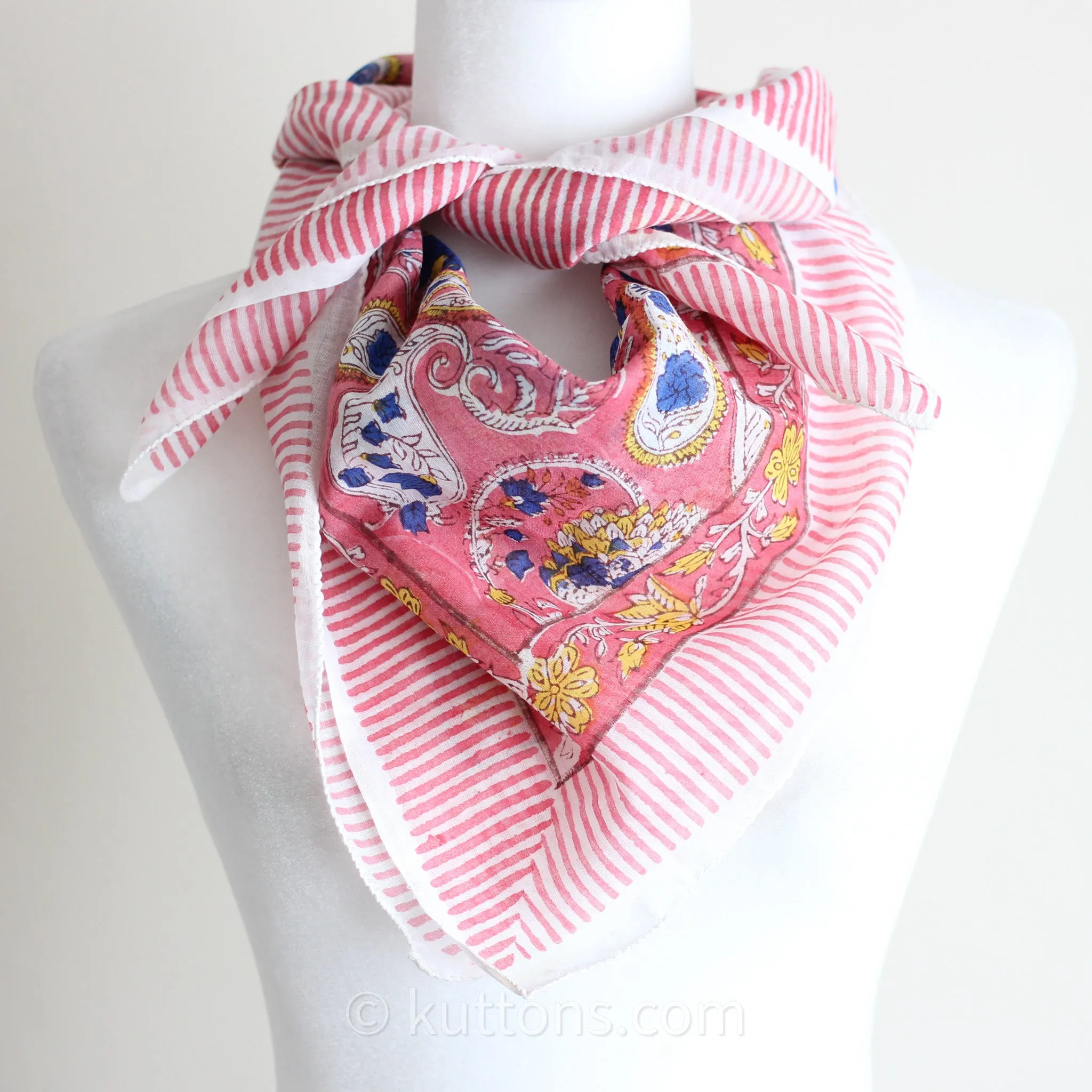 Soft Mul Cotton Bandana Scarf - Sanganeri Hand-Block Printed | Pink, 45x44"