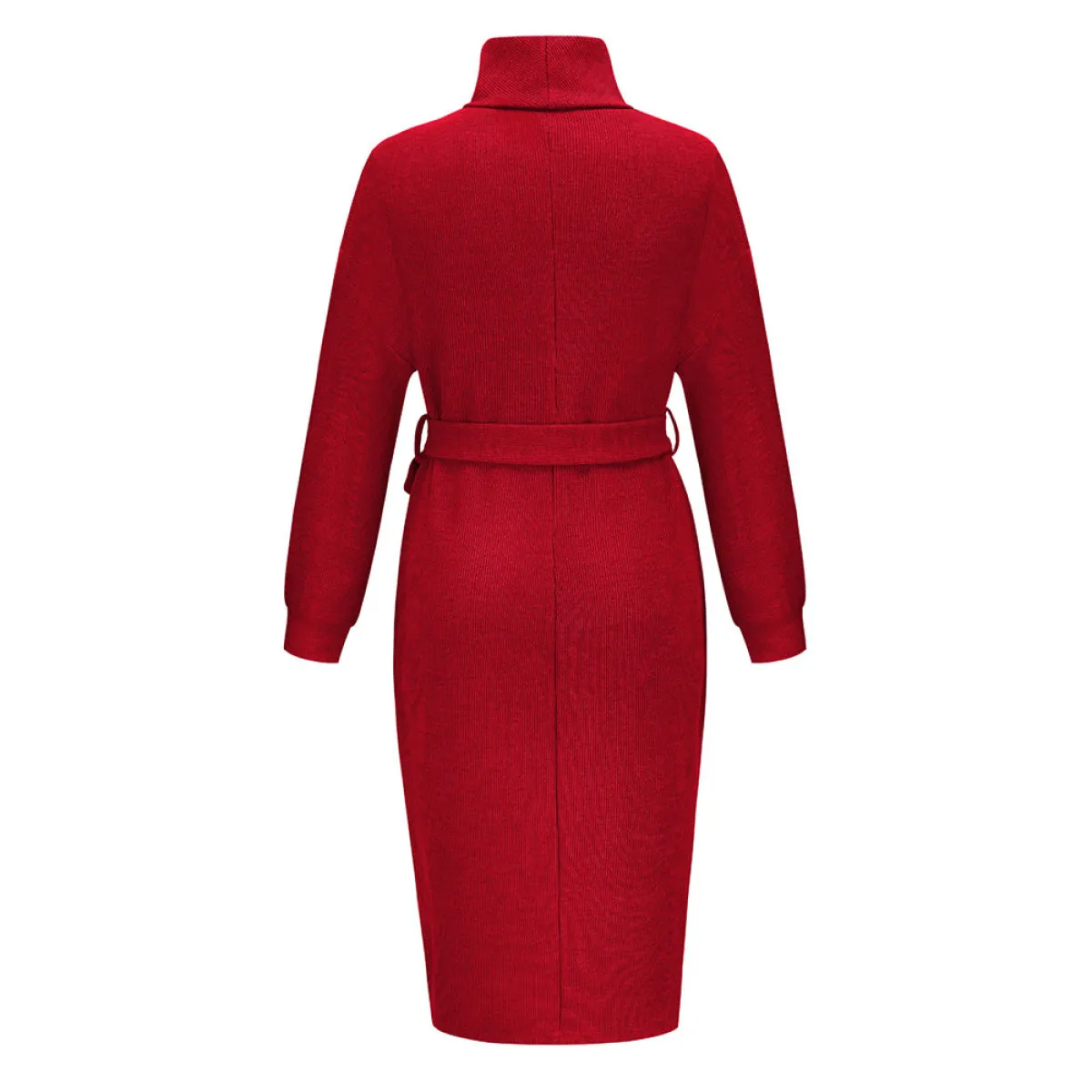 Solid Color Turtleneck Belted Sweater Dress