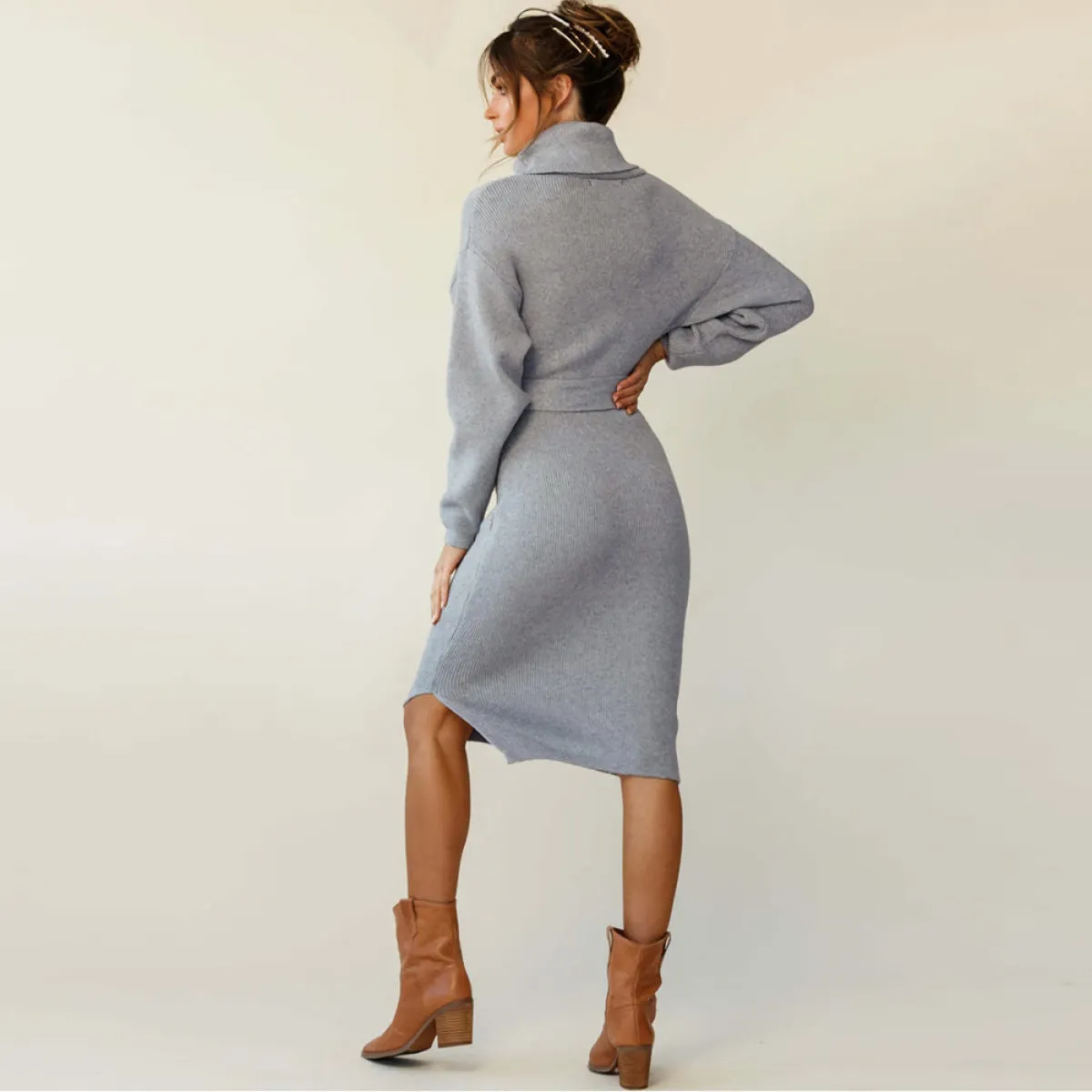 Solid Color Turtleneck Belted Sweater Dress