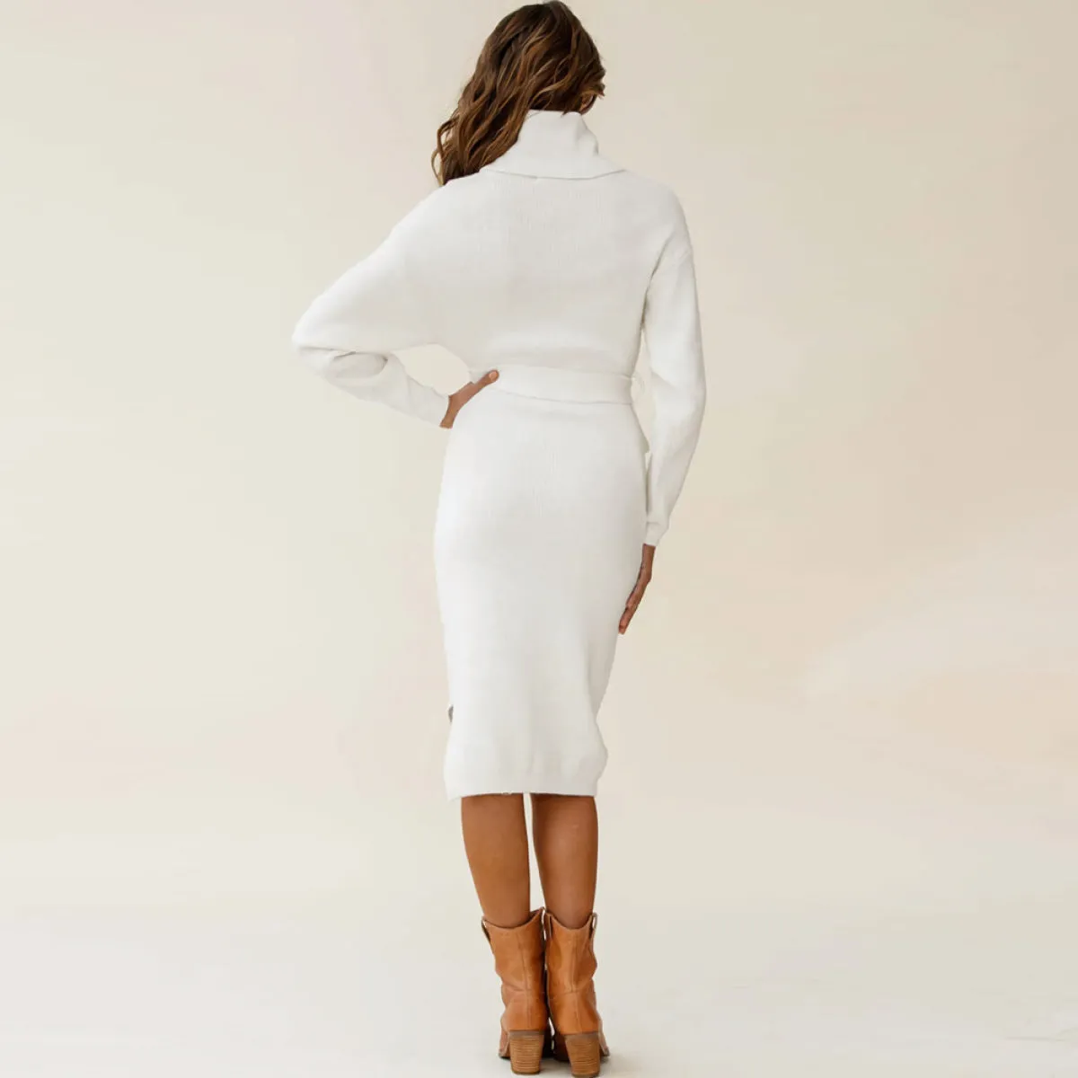 Solid Color Turtleneck Belted Sweater Dress