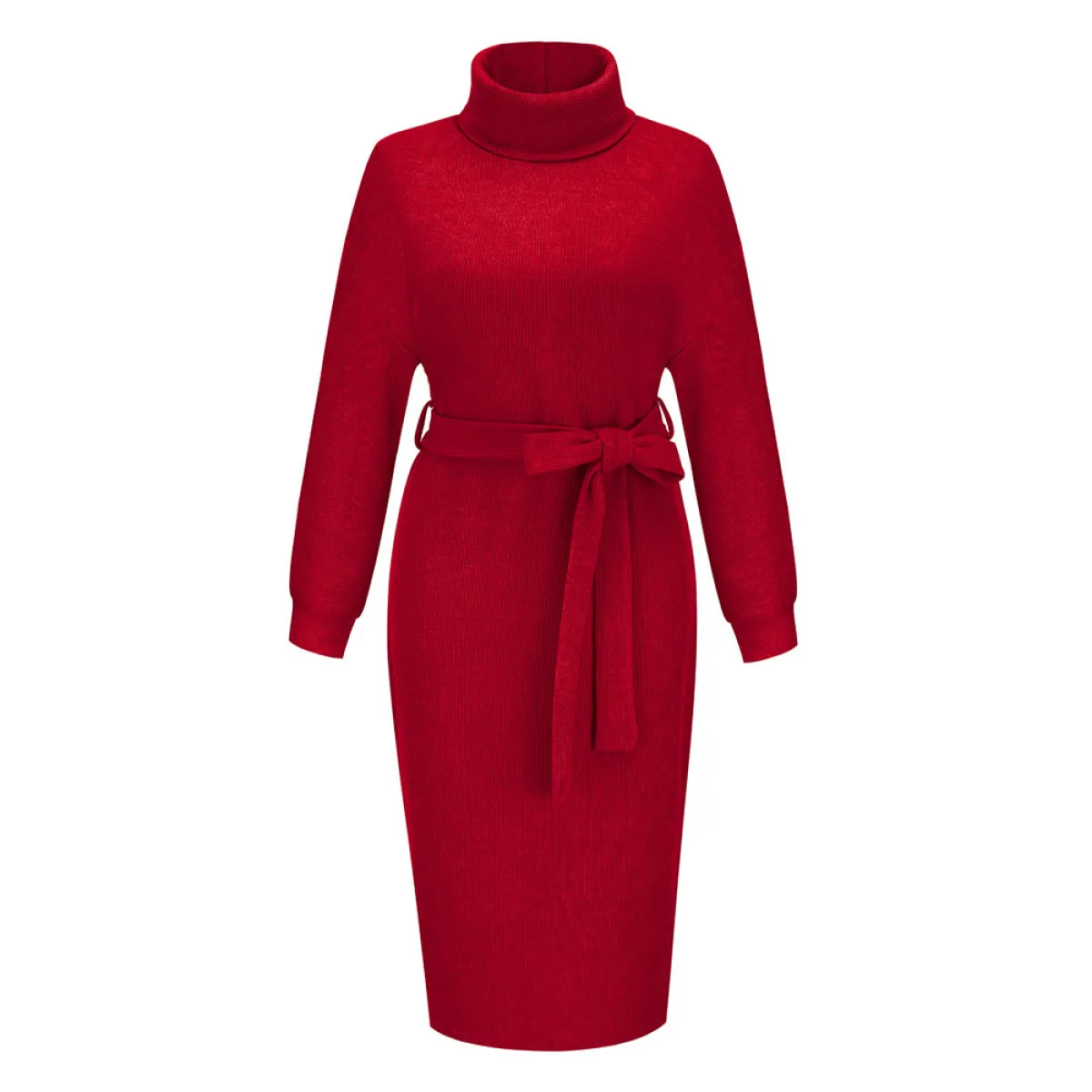 Solid Color Turtleneck Belted Sweater Dress