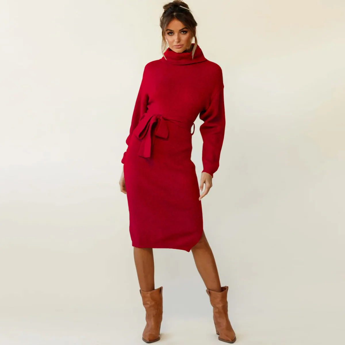 Solid Color Turtleneck Belted Sweater Dress