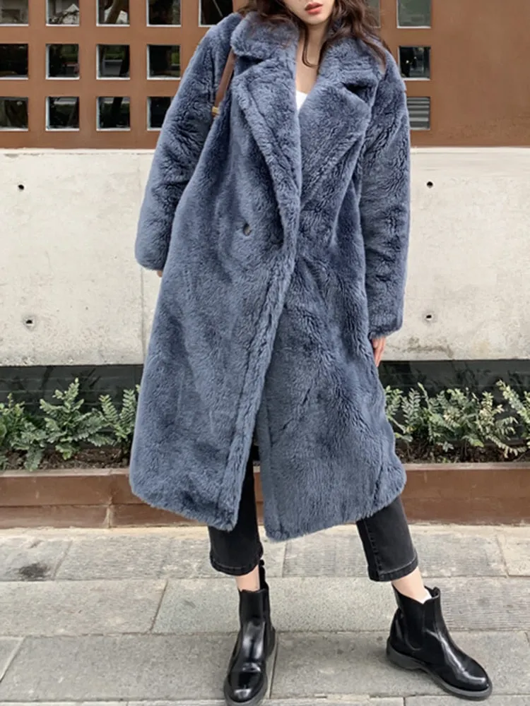 Solid Faux Fur Coats For Women Lapel Long Sleeve Patchwork Single Breasted Temperament Coat Female Fashion Clothes