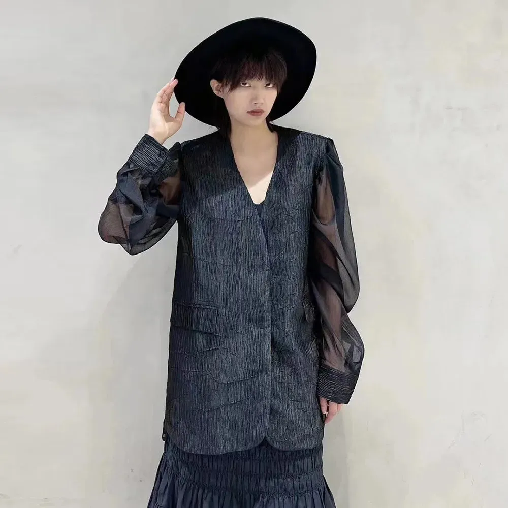 Solid Patchwork Organza Blazers For Women V Neck Puff Sleeve Spliced Pockets Casual Blazer Female Fashion Clothing