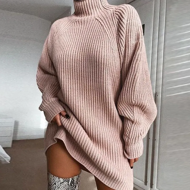 Solid Turtleneck Long Sweater Winter Warm Women Sweater Dress