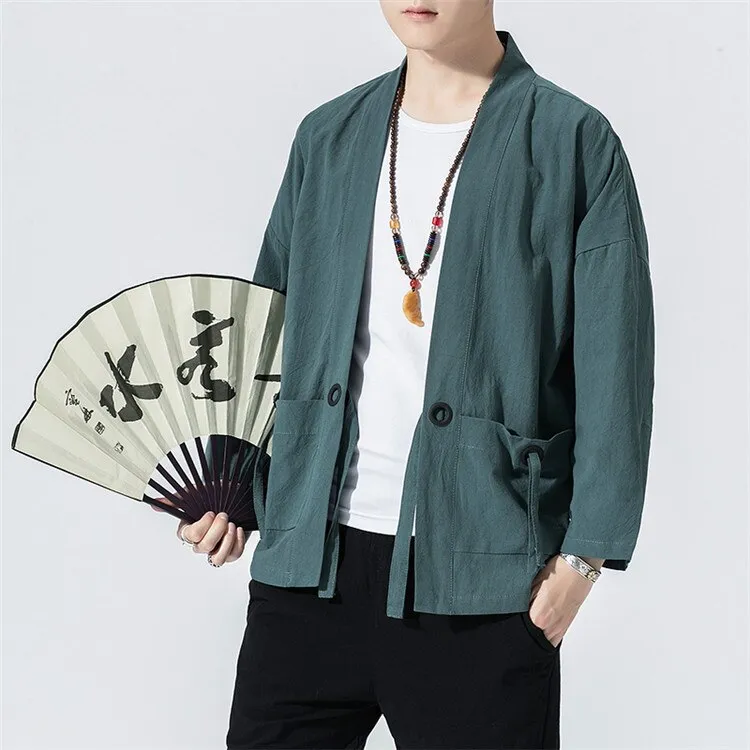 Spring Men's Linen Kimono Fashion Loose Long Cardigan Outerwear Vintage Coat Male Jackets With Belt Casual Overcoat JE026