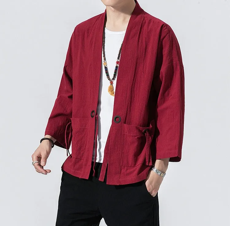 Spring Men's Linen Kimono Fashion Loose Long Cardigan Outerwear Vintage Coat Male Jackets With Belt Casual Overcoat JE026