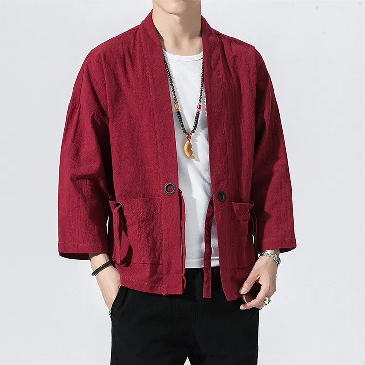 Spring Men's Linen Kimono Fashion Loose Long Cardigan Outerwear Vintage Coat Male Jackets With Belt Casual Overcoat JE026