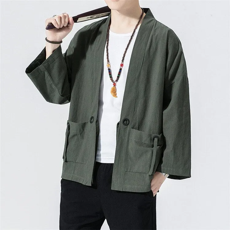 Spring Men's Linen Kimono Fashion Loose Long Cardigan Outerwear Vintage Coat Male Jackets With Belt Casual Overcoat JE026