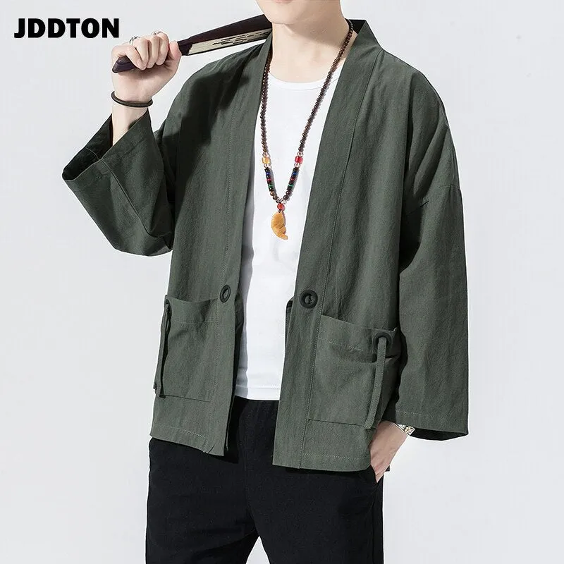 Spring Men's Linen Kimono Fashion Loose Long Cardigan Outerwear Vintage Coat Male Jackets With Belt Casual Overcoat JE026