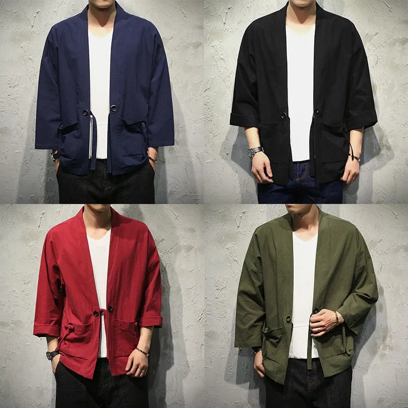 Spring Men's Linen Kimono Fashion Loose Long Cardigan Outerwear Vintage Coat Male Jackets With Belt Casual Overcoat JE026