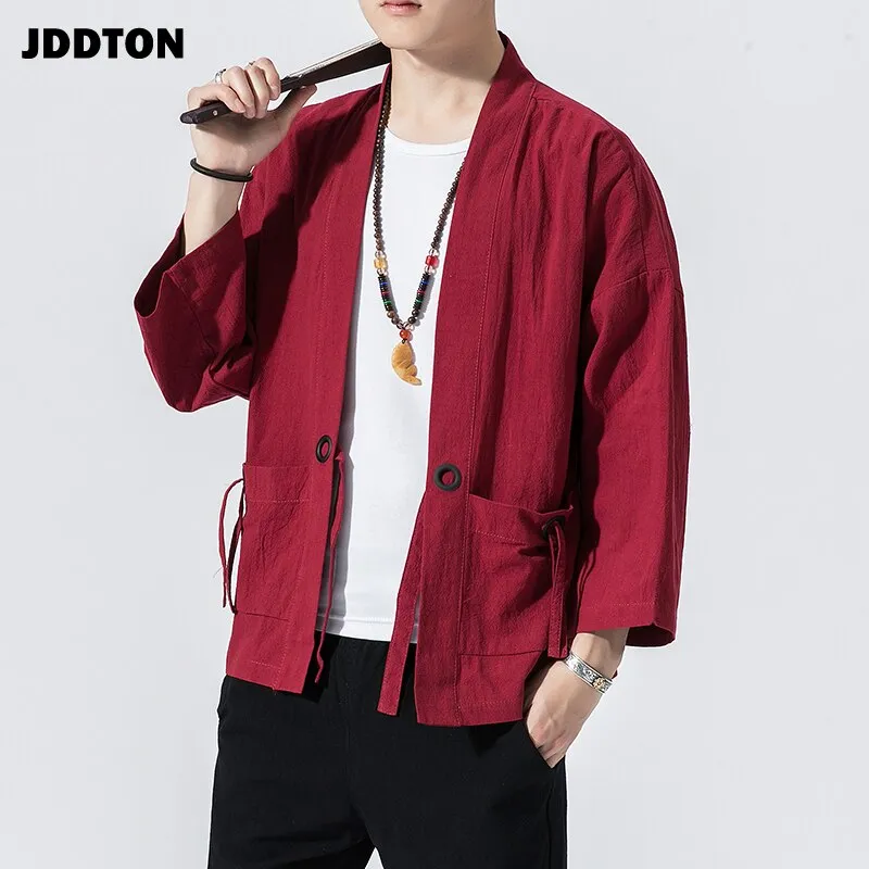 Spring Men's Linen Kimono Fashion Loose Long Cardigan Outerwear Vintage Coat Male Jackets With Belt Casual Overcoat JE026