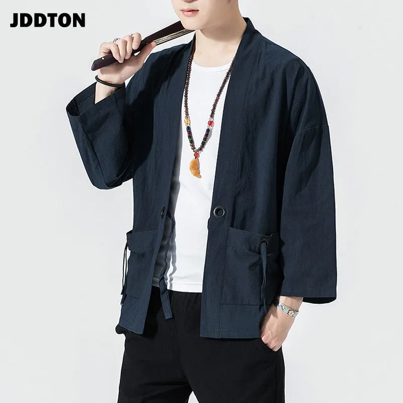 Spring Men's Linen Kimono Fashion Loose Long Cardigan Outerwear Vintage Coat Male Jackets With Belt Casual Overcoat JE026