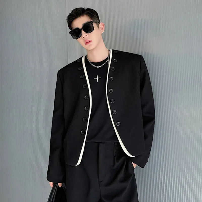 Spring Trendy Men Jacket Fashion Personalized Collarless Fake Two Piece Contrast Color Design Korean Top 9C5119