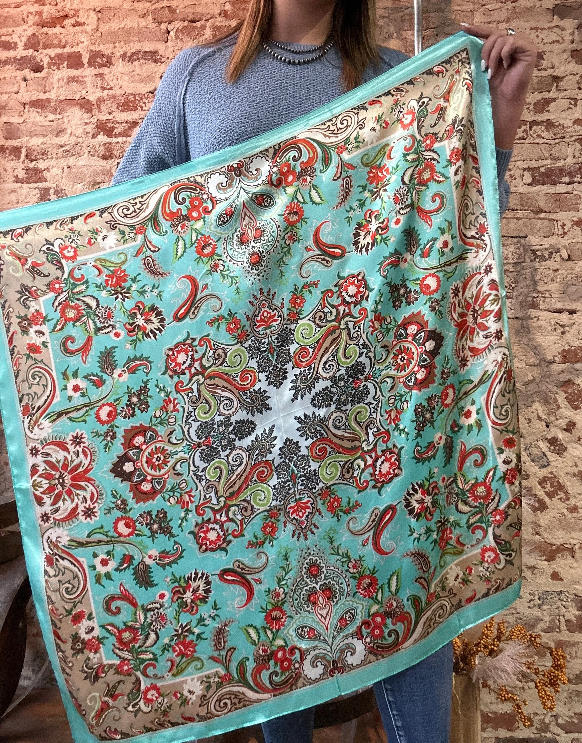 Taos Valley Turquoise & Brown Floral Wild Rag