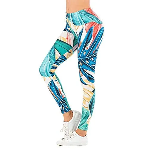 Tropical Leaf Seamless Workout Leggings - Green Leaf Printed Yoga Leggings, Tummy Control Running Pants (Blue Leaf, One Size)