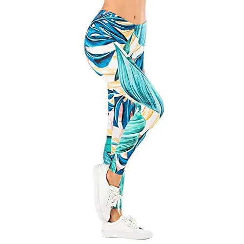 Tropical Leaf Seamless Workout Leggings - Green Leaf Printed Yoga Leggings, Tummy Control Running Pants (Blue Leaf, One Size)