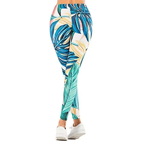 Tropical Leaf Seamless Workout Leggings - Green Leaf Printed Yoga Leggings, Tummy Control Running Pants (Blue Leaf, One Size)