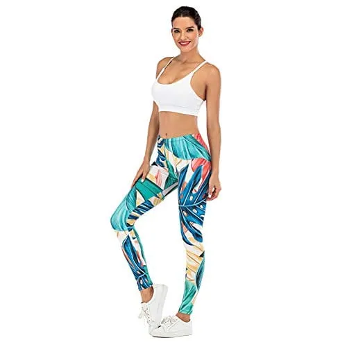 Tropical Leaf Seamless Workout Leggings - Green Leaf Printed Yoga Leggings, Tummy Control Running Pants (Blue Leaf, One Size)