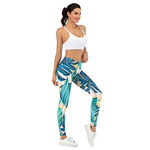 Tropical Leaf Seamless Workout Leggings - Green Leaf Printed Yoga Leggings, Tummy Control Running Pants (Blue Leaf, One Size)