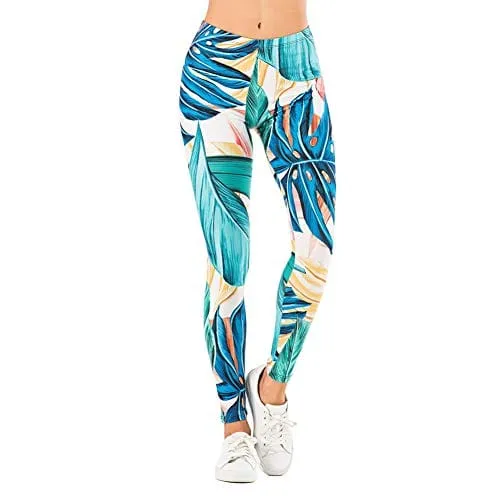 Tropical Leaf Seamless Workout Leggings - Green Leaf Printed Yoga Leggings, Tummy Control Running Pants (Blue Leaf, One Size)