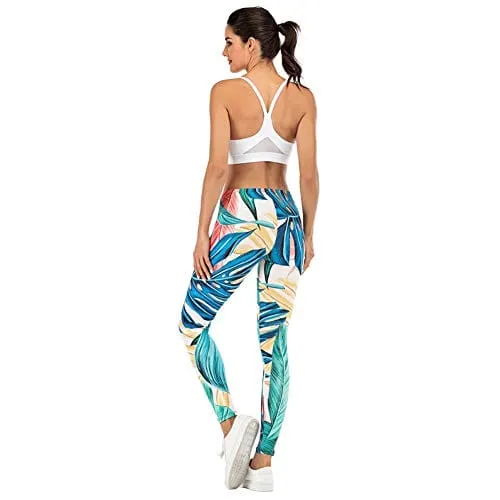 Tropical Leaf Seamless Workout Leggings - Green Leaf Printed Yoga Leggings, Tummy Control Running Pants (Blue Leaf, One Size)