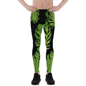 Tropical Print Meggings, Black Green Palm Print Men's Leggings Tights -Made in USA/EU