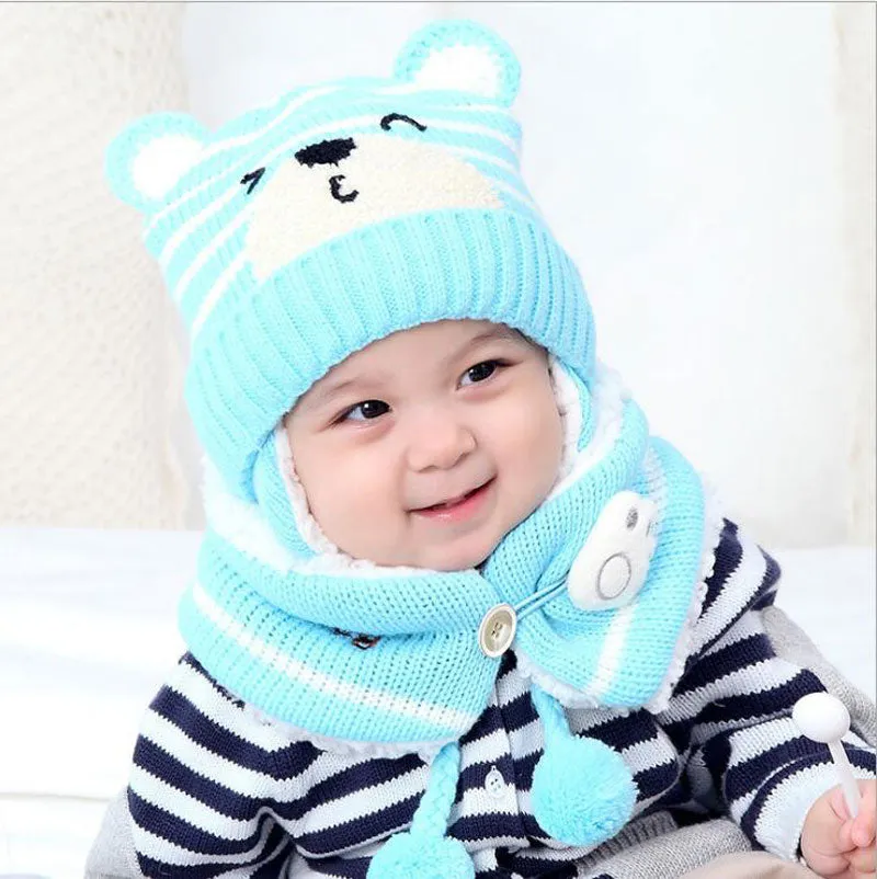 Unisex Kids Cartoon Bear Stripe Hats And Scarf Baby Cap Set Girl Boy Cap Scarf Set Child Winter Earmuffs Hat Scarf Warm Suit