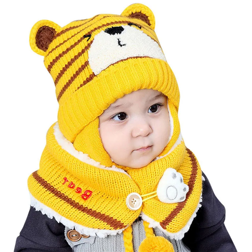 Unisex Kids Cartoon Bear Stripe Hats And Scarf Baby Cap Set Girl Boy Cap Scarf Set Child Winter Earmuffs Hat Scarf Warm Suit