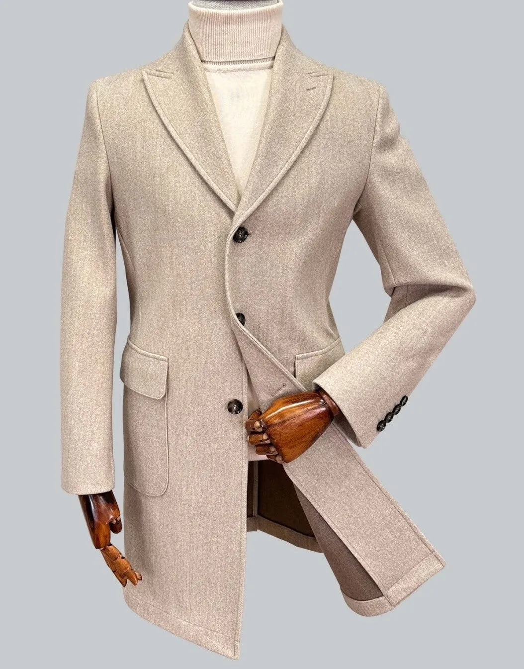 Unlined 3 Button Wool Overcoat with Peak Lapel - Sand